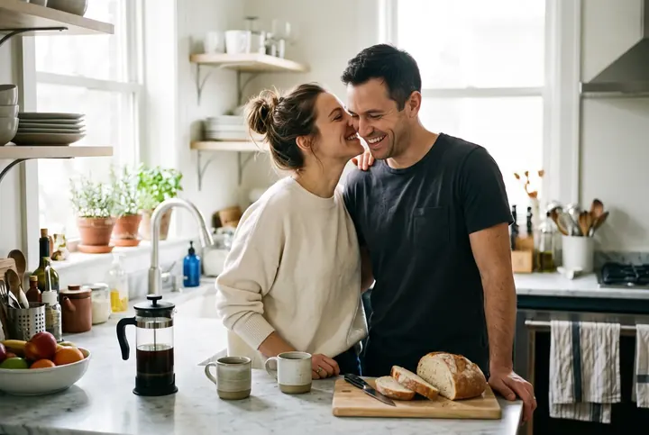 Couple laughing close together in the kitchen