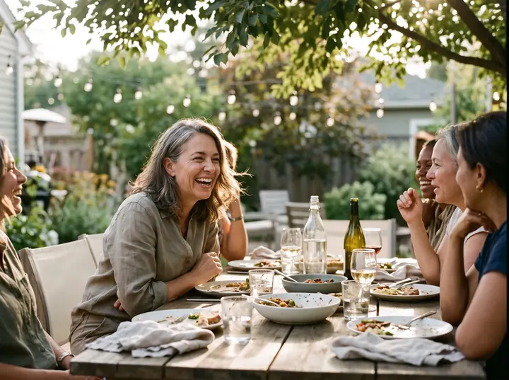 Woman laughing with friends at dinner