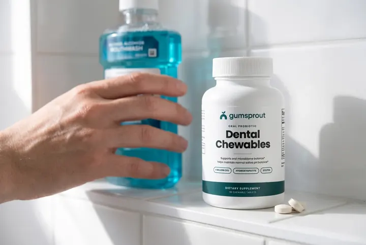 Hand moving a mouthwash bottle aside for an Gumsprout bottle