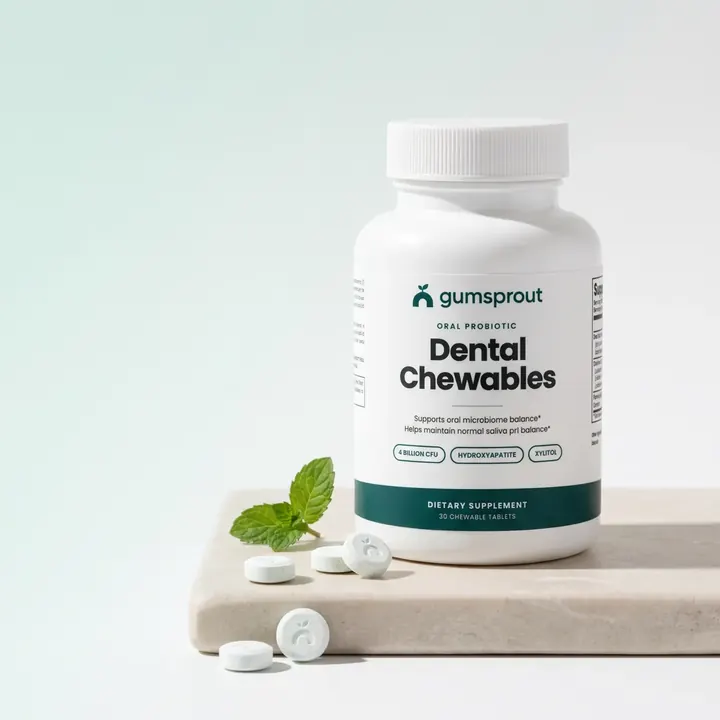 Gumsprout Dental Chewables bottle with chewable tablets