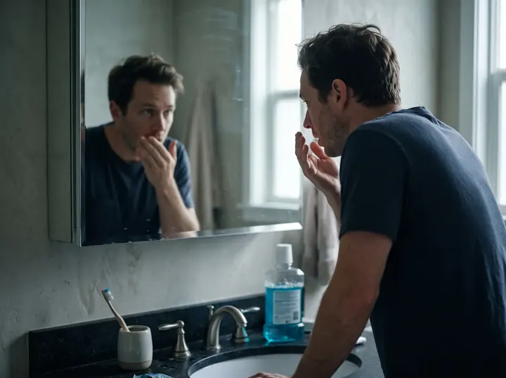 Man checking his breath in the bathroom mirror in the morning